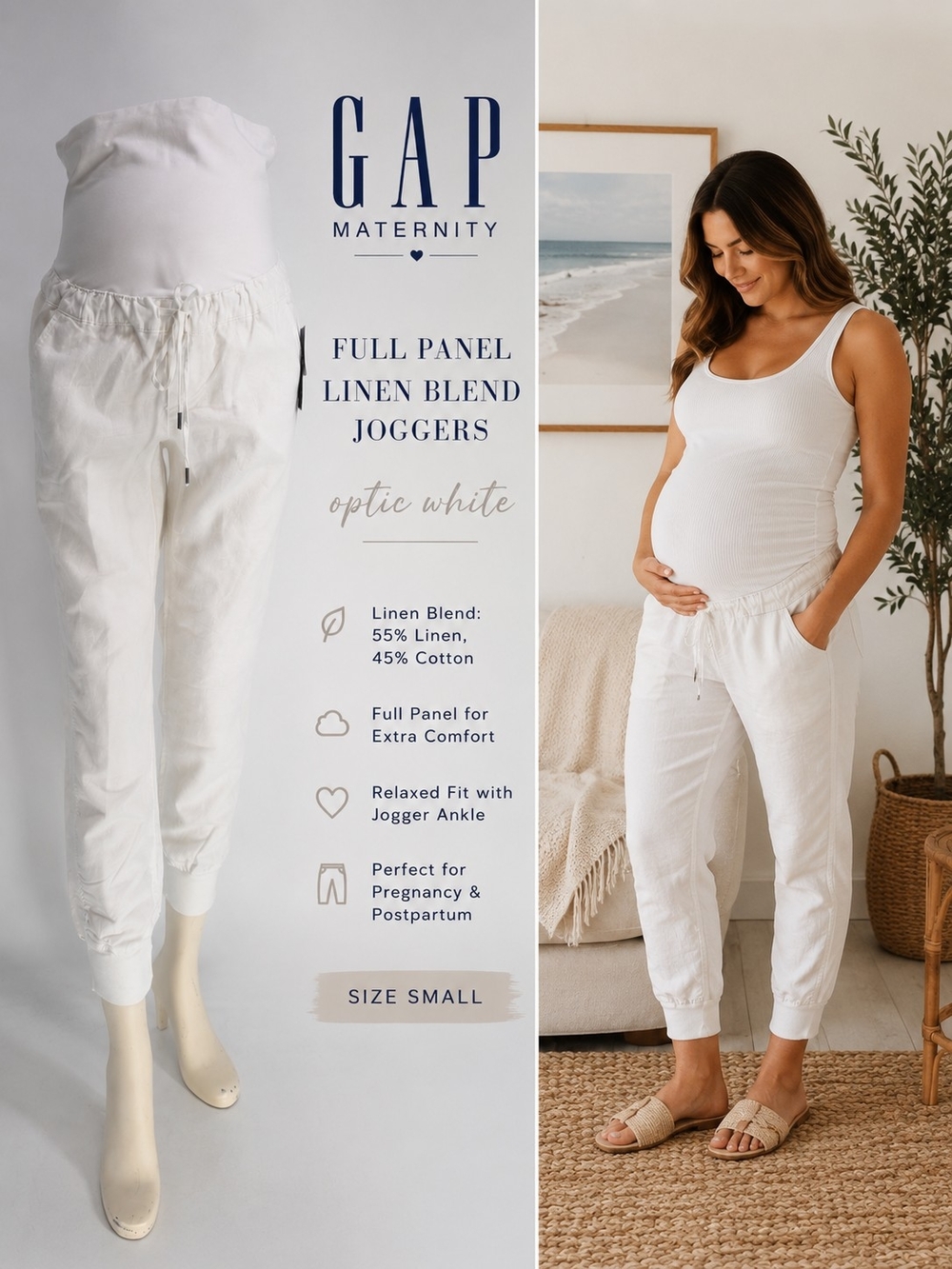 GAP Maternity Full Panel Linen Blend Optic White Drawstring Jogger Size S